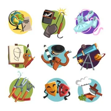 Symbols of different professions icons set, professional tools vector Stock Illustration
