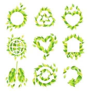 Symbols made of green leaves set. Logo, emblem, creative ecology signs templates Stock Illustration