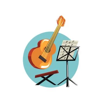 Symbols of the musician profession, acoustic guitar music stand with notes Stock Illustration