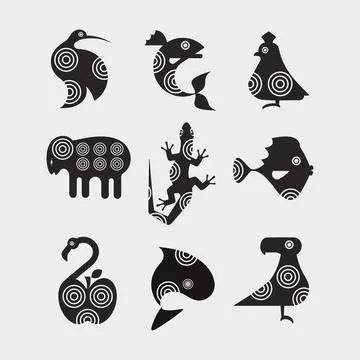 Symbols of nature. Set of logo icons with animals, birds and fish. Stock Illustration