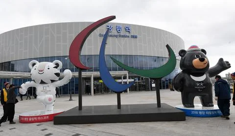 Symbols of Paralympics appear in Gangneung, Korea - 06 Mar 2018 Stock Photos