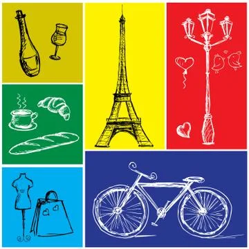 Symbols of Paris in a colored rectangle Illustrazione stock