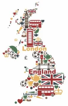 The symbols of the UK in the shape of a map Stock Illustration