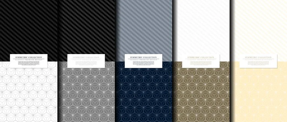 Symmetric collection abstract pattern hexagonal geometic navy blue background Stock Illustration