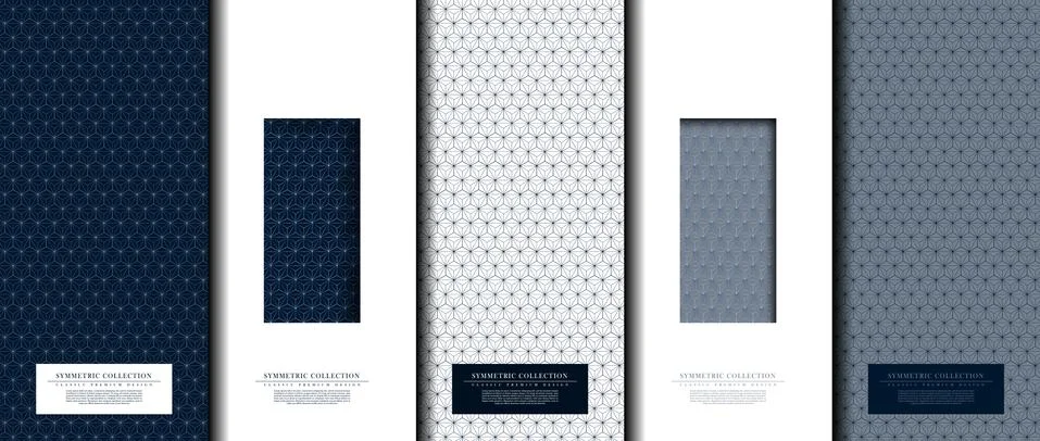 Symmetric collection abstract pattern hexagonal geometic navy blue background Stock Illustration