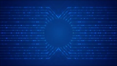 Symmetric digital circuit border visual blue glowing traces, open center space, Stockbeeldmateriaal 340528133