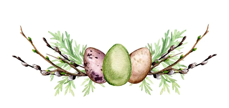 Symmetric Easter composition with willow and eggs Stock Illustration