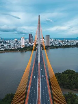 Symmetric modern cable-stayed bridge over Han River in Da Nang, Contemporar.. Stock Photos
