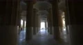 Symmetric mosaic columns and arcades in a building in Park Guell in Barcelona 4k or 4k+ Resolution