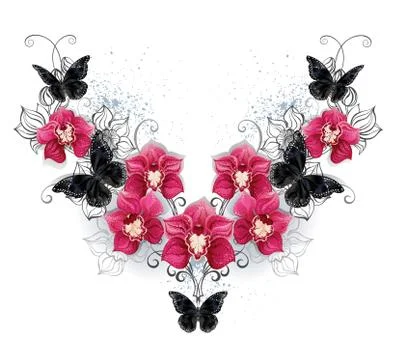 Symmetric pattern of black orchids and butterflie Stock Illustration