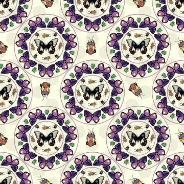 Symmetric seamless pattern with beetles and butterflies. Repeatable vector wa 스톡 일러스트