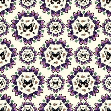 Symmetric seamless pattern with bugs, beetles, and butterflies. Kaleidoscope  Illustrazione stock