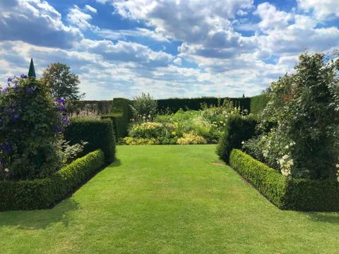 Symmetric view of grass path with topiary. Stock Photos