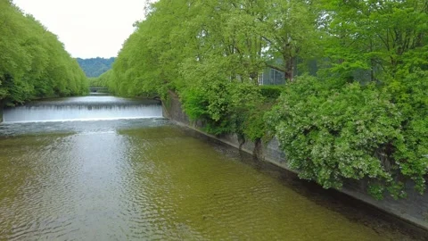 Symmetric view of Limmat river waterfall weir and lush trees Stock Footage 334629789