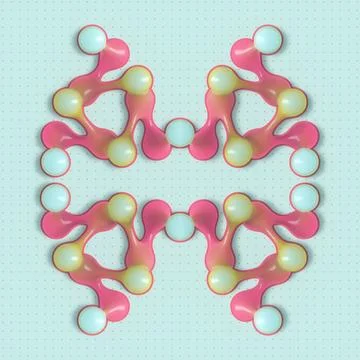 A symmetrical 3D illustration of molecular chains in pink and yellow tones Stock Illustration