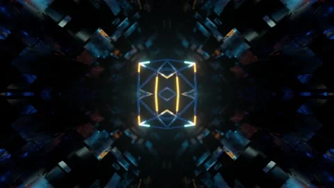 Symmetrical 3d object or structure rotates and moves inside glass mirror tunnel Stock Footage 242626602