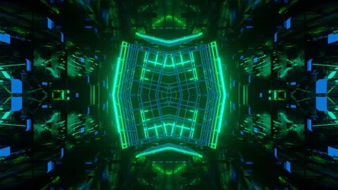 Symmetrical 3d object or structure rotates and moves inside glass mirror tunnel Stock Footage 282510102