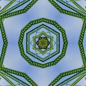 Symmetrical angular circle design created from doubling a photo of a green Stock Photos