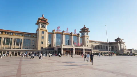 The Symmetrical Architecture and Twin Clock Towers of Beijing Railway Station Video stock 336033941