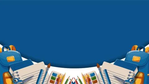 Symmetrical back to school frame with backpacks notebooks and pencils on bl.. Illustrazione stock