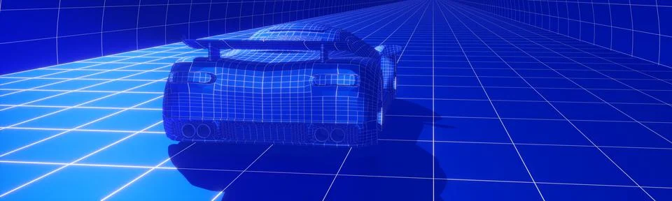Symmetrical Back View of a Digital Car Blueprint - 3d illustration Stock Illustration