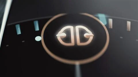 Symmetrical bronze AI processing emblem fills a dark circular selector edged Stock Photos