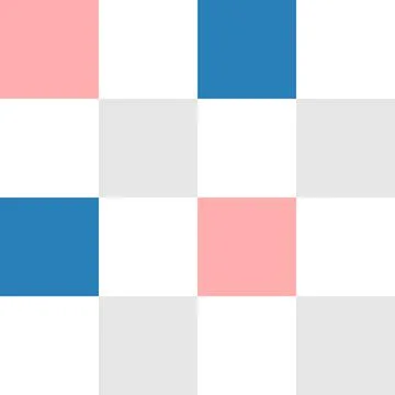 Symmetrical checkered pattern of pink, blue, white, grey and white squares. Stock Illustration