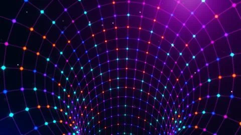 Symmetrical Digital Wireframe Wormhole Background with Neon Particle Network Illustrazione stock