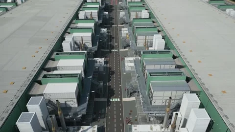 Symmetrical Drone Flyover of Eemshaven Data Center Corridor 動画素材 314432703