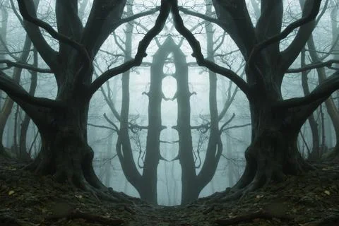 A symmetrical edit of a spooky forest. With trees silhouetted on a moody day Stock Photos