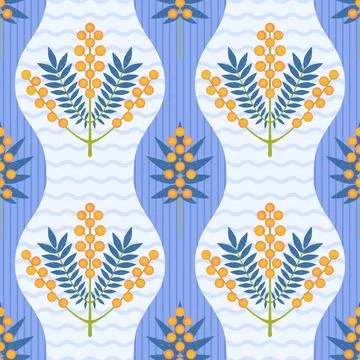 Symmetrical floral vector seamless pattern. Spring yellow Mimosa flowers and 스톡 일러스트