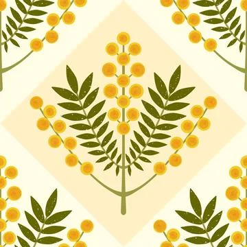 Symmetrical floral vector seamless pattern. Stylized branch with yellow flowers Stock Illustration