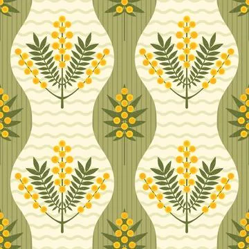 Symmetrical floral vector seamless pattern. Stylized yellow Mimosa flowers and Stock Illustration