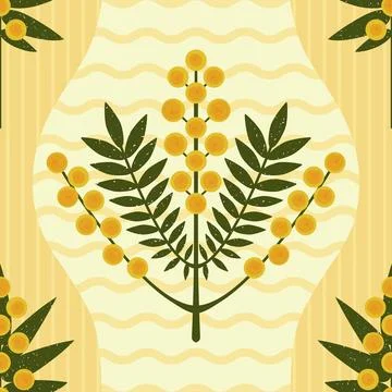 Symmetrical floral vector seamless pattern. Stylized yellow Mimosa flowers and Stock Illustration