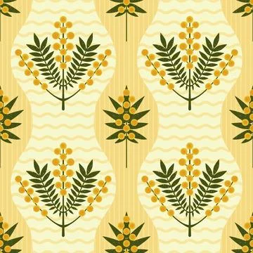 Symmetrical floral vector seamless pattern. Stylized yellow Mimosa flowers and Stock Illustration