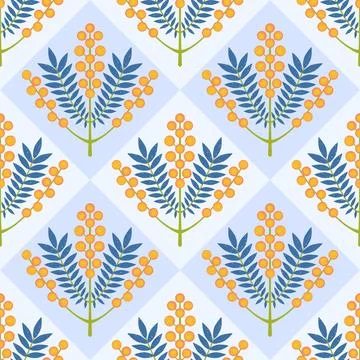 Symmetrical floral vector seamless pattern. Stylized branch with yellow flowers Stock Illustration