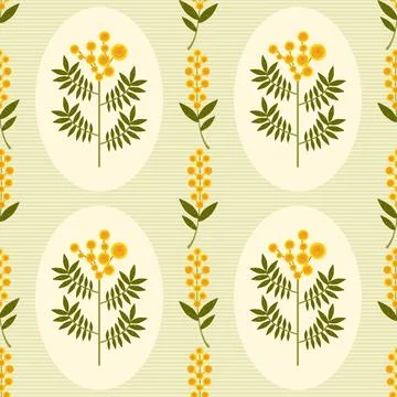 Symmetrical floral vector seamless pattern. Stylized yellow Mimosa flowers and Stock Illustration