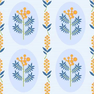 Symmetrical floral vector seamless pattern. Stylized yellow Mimosa flowers and Stock Illustration