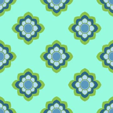 Symmetrical Floral Vector Seamless Repeat Design In Blue And Green Stock Illustration