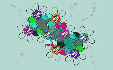 Symmetrical flower pattern with bubbles on teal background Ilustração Stock