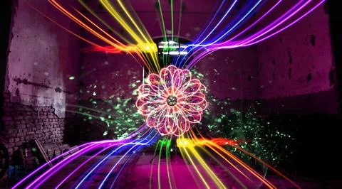 Symmetrical flower-like pattern of pink and red light trails with multicolo.. 스톡 사진