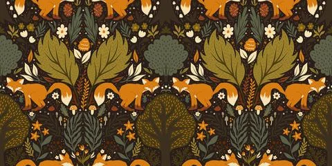 Symmetrical Forest Pattern with a Fox Pooping in the Woods, Mushrooms, Flower Stock Illustration