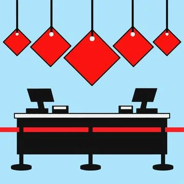 Symmetrical front view of empty retail checkout desks under hanging red dis.. Stock Illustration