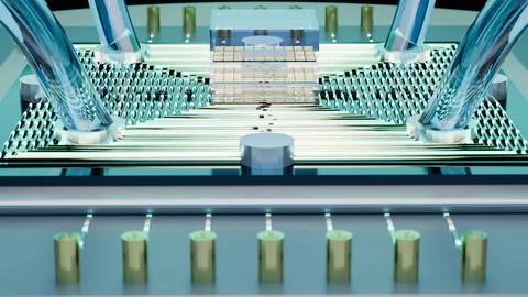 Symmetrical Frontal View of Gold Quantum Processor, 4K Photo Stock Photos
