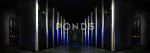 Symmetrical futuristic modern server room in the data center with Stock Photos