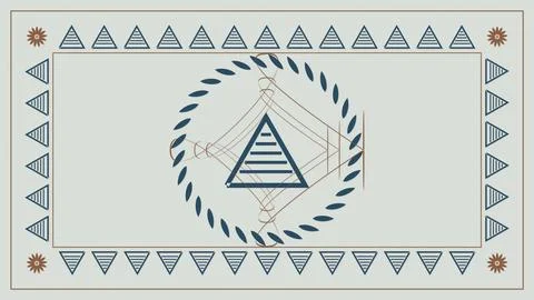 A symmetrical geometric boho border combines navy triangles, rust floral ac.. Stock Illustration