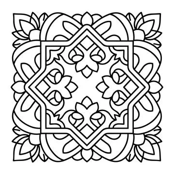 Symmetrical geometric pattern coloring page with floral and star motifs desig Stock Illustration