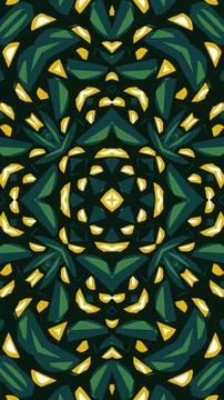 Symmetrical geometric pattern featuring green yellow shapes on black. Stock Illustration