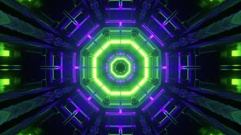 Symmetrical geometric pattern with neon lights 3d illustration Stock Illustration