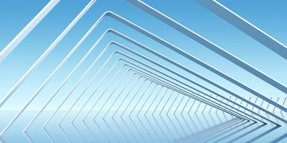 Symmetrical Geometric Tunnel of White Triangular Frames - 3d Illustration Stock Illustration